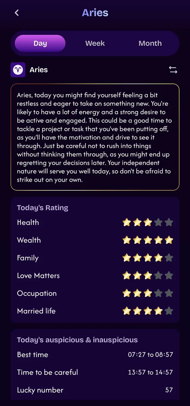 The Horoscope screen of the Zeva tarot app