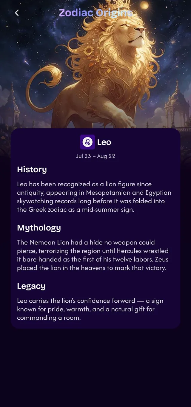 The Sign story screen of the Zeva tarot app