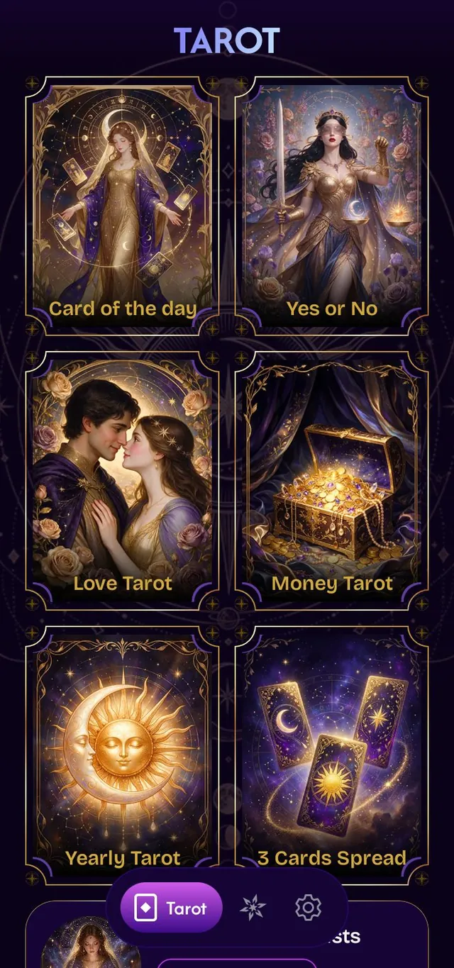 The Spreads screen of the Zeva tarot app