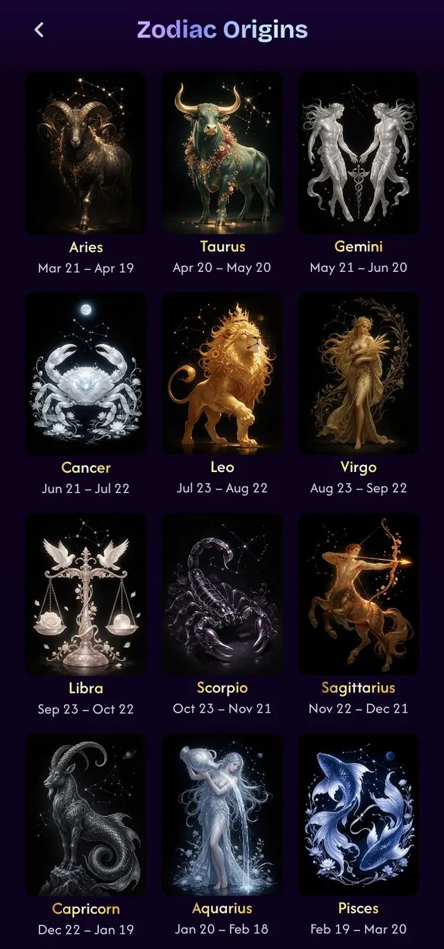 The Zodiac screen of the Zeva tarot app